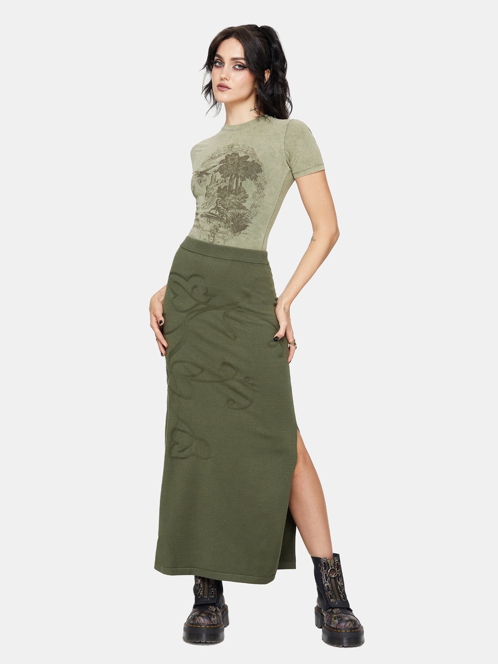 Disturbia Elixir Branch Detail Knit Maxi Skirt | Green